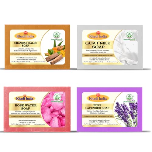 Image of Khadi Organic and Natural Handmade Bathing Soap for Men & Women | Assorted Herbal & Chemical-Free Face and Body Soap for Gentle Cleansing & Healthy Skin (Mixed soap (Pack of 4))