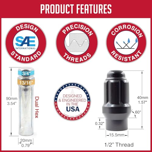 Image of Wheel Accessories Parts 20 Pcs 1 /2 inch Thread ET Bulge Acorn (Extra Thread for Spacers) 1.57 inch Long Spline Lug Nut Chrome Spline Fits Ford Mustang 1965 to 2014 and Many Vintage Dodge Chevy Ford Vehicles