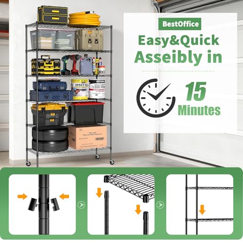 Image of BestOffice Storage Shelves 6 Tier Metal Shelves Adjustable Garage Shelving Wire Shelving Unit Capacity 2100LBS with Wheels for Kitchen, Garage Pantry Closet Commercial,Black