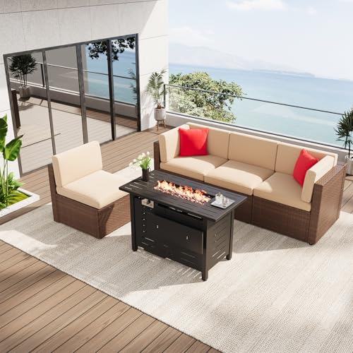 Aoxun 5-Piece Patio Furniture Set with 40” Fire Pit Table – Wicker Rattan Conversation Sofa and Coffee Table for Small Outdoor Spaces, Brown