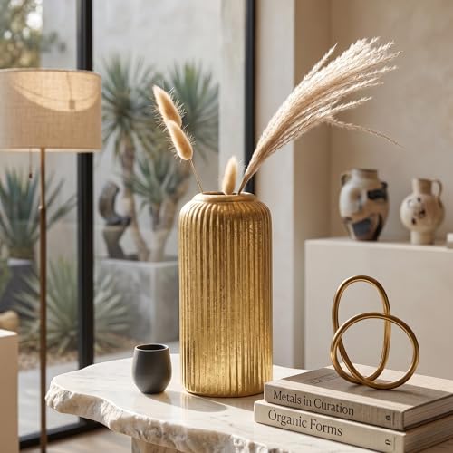 Image of KREATIVE ART'S Modern Ribbed Design Ceramic Flower Vase for Living Room, Flower Pots for Artificial Flower, Home Decoration Item, Home Decor, Vases for Living Room (Gold, Medium)