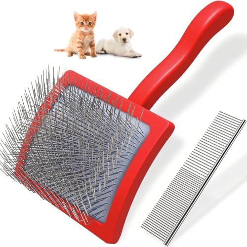 CHUANFU Spazzola per Gatti Grande, Spazzola per Cani Pelo Lungo, Denti in Acciaio Inossidabile, Manico Antiscivolo, Cardatore per Cani e Gatti, Elimina Peli Morti e Sottopelo, Rosso