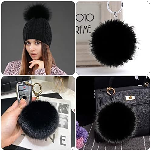 8 Pcs Faux Fur Pom Pom Balls,White/Khaki Faux Fur Fluffy Pompoms Ball with Elastic Loop,Removable DIY Fur Pom Poms for Knitting Hats Scarves Gloves Shoes Bags Keychains Accessories Black