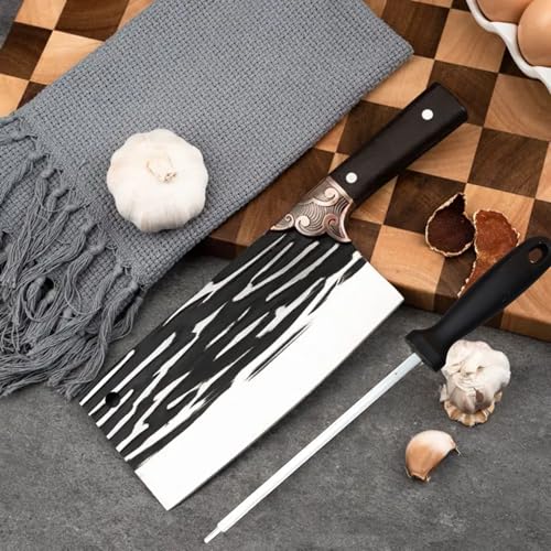 Image of Machado Forging Serbian Chef Knife Set - 12 inch Full Tang High Carbon Clad Steel Butcher Cleaver with Knife Sharpener - Perfect for Vegetables, Fish, Meat - Ideal for Kitchen, Hotel, Restaurant