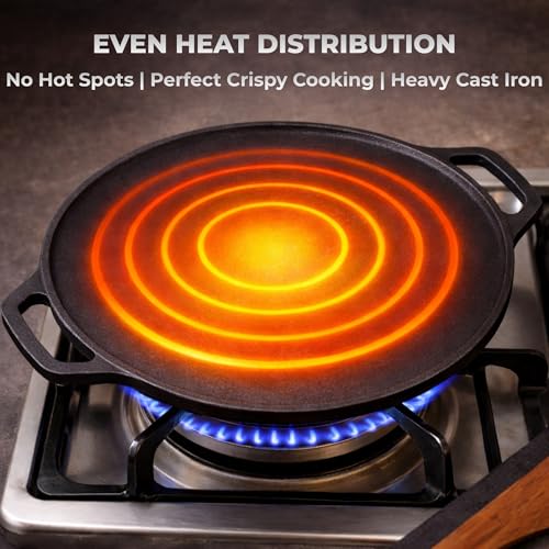 Image of Cast Iron Dosa Tawa 28 cm | Double Handle Flat Tawa for Dosa, Roti & Uttapam | Pre-Seasoned Cast Iron | Gas & Induction Compatible (28 cm)