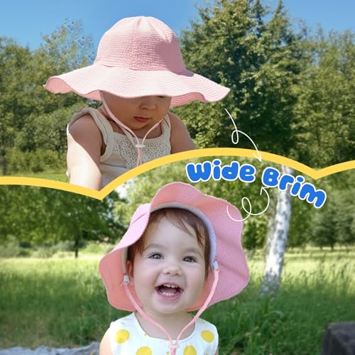 Image of HONGTEYA Baby Sun Hat Toddler Girl Beach Hat Sun Protection Adjustable Outdoor Summer Wide Brim Bucket Hat for Infant Kids