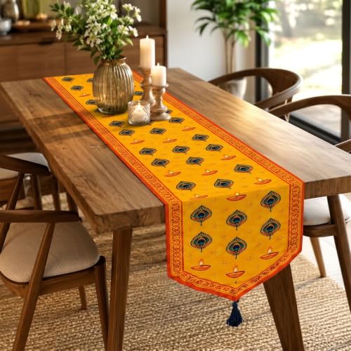 Image of Dining Table Runner -Diwali Indian Diya with Peacock Print Theme,Digital Print, Washable, Indoor /Outdoor, Heat-Proof, Wipe & Clean (135X33 cm) Yellow & Multi