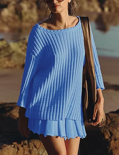 Image of Sweater Set 2 Piece Skirt Sets for Women Two Piece Outfits Casual Loose Knit Pullover Mini Skirt
