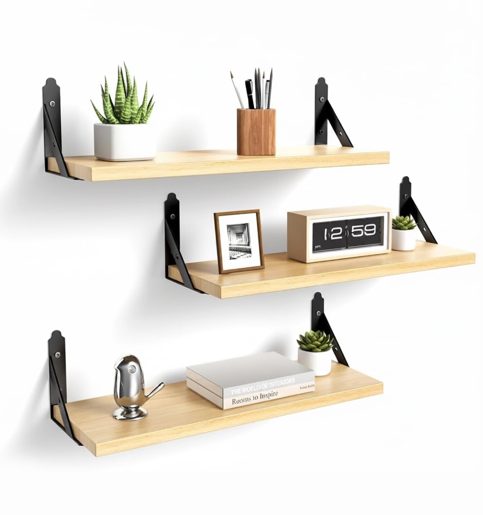 Decazone Wooden Floating Wall Shelf for Books | Wall Mounted Bookshelf for Living Room & Bedroom | Decorative Wooden Wall Shelf Rack | Solid Pine Wood | L 17 x D 5 Inches (3)