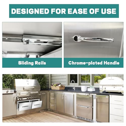 Image of Outdoor Kitchen Drawers 30 inch W x 10 inch H x 20 inch D Stainless Steel Drawer Horizontal Double Drawers with Chrome for Outdoor Kitchen Island, Patio Grill Station