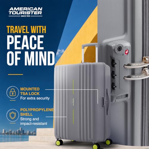 Image of American Tourister Cleva S | Luggage Trolley Bag (77 cm) | 360 8 Wheel Travel Luggage | 2 Compartments | Hard Luggage Polypropylene Suitcase | Mounted TSA Lock | 3 Years Global Warranty | Grey & Lime
