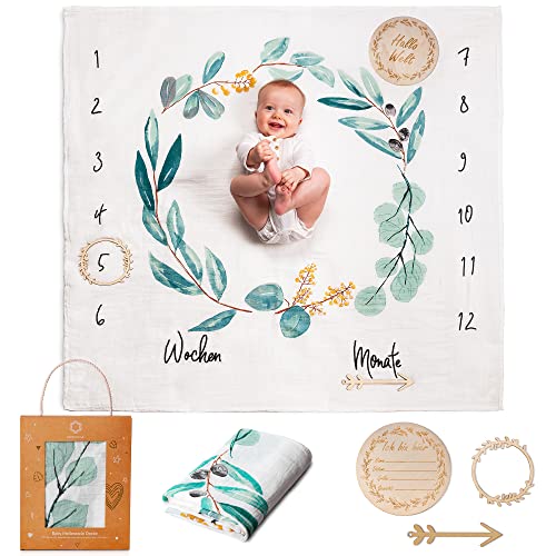 ODOXIA Baby Meilenstein Decke auf Deutsch, Baumwolle Musselin Tuch, Pucktuch, Monatsdecke, Junge & Mädchen, Unisex, Blätter, Geschenk Für Mütter, Blanket, Musselin Decke