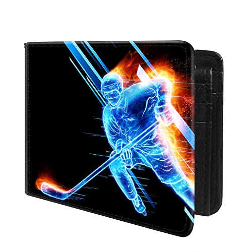 (Hologram Ice and Fire Hockey Player-01 Front Pocket Slim Bifold Leather Wallet RFID Blocking with ID Window for Men