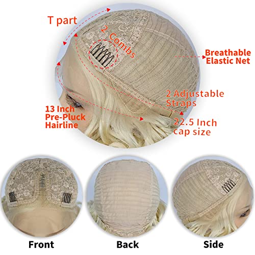 Anogol Hair Cap+ 13 * 1 Middle Part Light Blonde Lace Front Wig Synthetic Hair Short Curly 613 Blonde Bob Wigs Glueless Natural Hairline For Women #TOP4