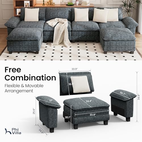 Image of PHI VILLA Cloud Modular Couch Sets, 157.5 inch Oversized Sectional Sofa with U-Shaped Chaise, 6-Seater Couches with Movable Ottomans for Living Room, Chenille Dark Cyan