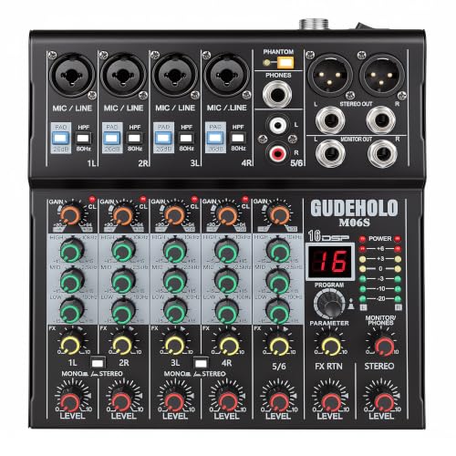 GUDEHOLO 6-Channel Stereo Audio Mixer with Stepped Knobs, Mini Sound Board with 2 True Stereo...