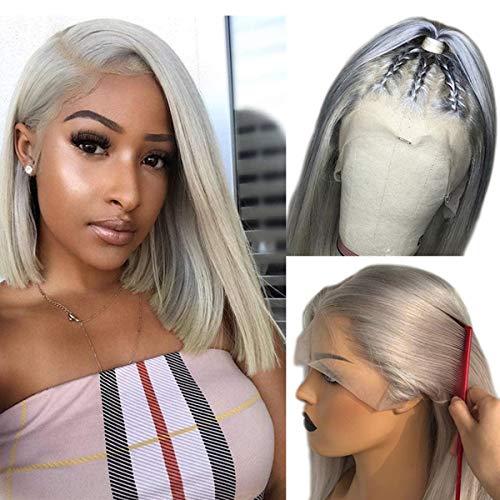 Grey Bob Lace Wigs Human Hair for Women Pre Plucked Hairline Deep Part Lace Front Wig Straight 13x6 Human Hair Wigs with Baby Hair 14inch