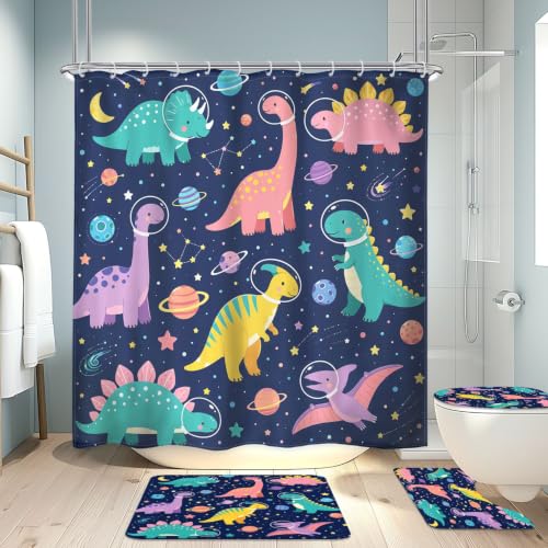 Image of 4PCS Kids Dinosaur 71Wx71H Inches Funny Cute Planet Colorful Outer Space Shower Curtain Sets with Rugs, Toilet Lid Cover and Bath Mat, Boys Bath Accessories Art Home Decor Fabric 12 Pack Hooks