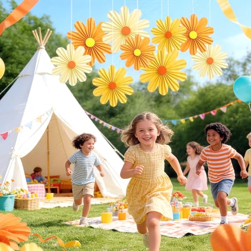 Image of SUNBEAUTY Orange Paper Flowers Decorations for Wall Paper Fans Daisy Decoration for Women Birthday Spring Easter Wedding Garden Tea Party Baby Shower Decor Set of 9