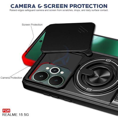 Image of AESTMO Realme 15 5G / 15 Pro 5G Back Cover | Armor Camera Slider 360 Degree Rotating Finger Ring Holder Case with Bracket Stand Back Case Cover (Compatible with MagSafe Accessories) (Black)