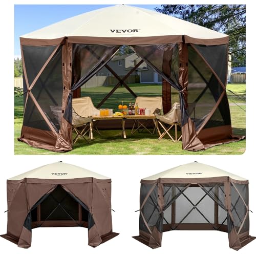 VEVOR Pop Up Gazebo Screen Tent 12 x 12 Ft, 6-Sided Camping Gazebo Instant Canopy Sun Shelter with 6 Removable Privacy Wind Cloths, Mosquito Netting, 300D Oxford Cloth for Patio, Backyard, Lawn