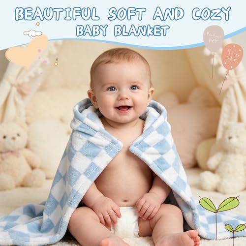 Image of Baby Blanket 5 Pcs Checkerboard Grid Ultra Soft Gift-Ready Plush for Newborns, Nursery & Stroller 30 inchx40 inch Green Blue Light Gray Dark Blue Camel