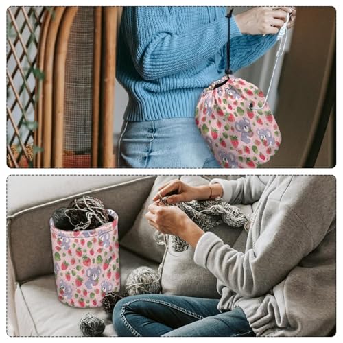 Image of Sellikakes Koala Strawberry Yarn Bag with Drawstring, Knitting Crochet Yarn Storage Bags Organizer Crochet Accessories for Crocheting Project, Store Skein Ball,Short Knitting Needles