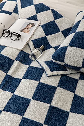 Ultra-Soft Buffalo Checkerboard Grid Fluffy Microfiber Knitted Throw Blanket Super Cozy Lightweight Checkered Bed Blanket For Sofa Couch Bed Navy 51"X63" #TOP5