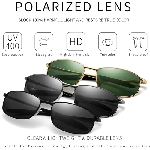 Image of SUNGAIT Mens Narrow Polarized Sunglasses Metal Frame Small Rectangle Retro Durable UV400 Protection