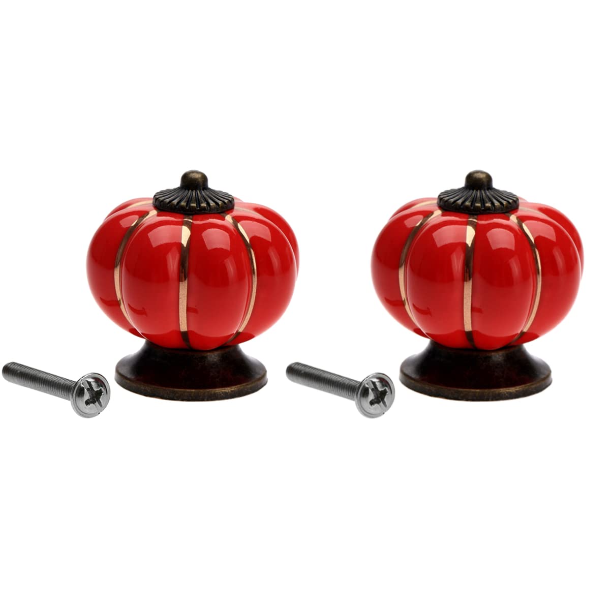 Mgoodoo Set of 2 Ceramic Pumpkin Design Drawer Knobs, Red, 2pcs