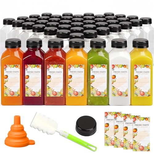S, 12oz Plastic Bottles With Caps, Reusable Juice Bottle With Caps Clear Bulk Beverage Containers With Lids, Label, Funnel And Brush For Juicing, Milk, Smoothie And Beverages