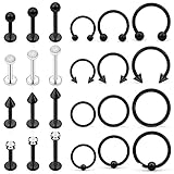 Ovxznts 24Pcs Assorted Size 16G Lip Rings for Women Men Surgical Steel Medusa Piercing Jewelry Labret Studs CZ Diamond Opal Daith Tragus Forward Helix Earrings Septum Rings Black