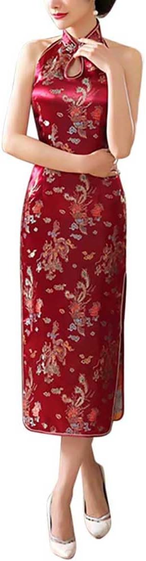 Women's Backless Halterneck Sleeveless Chinese Cheongsam Mandarin Collar Side Split Long Qipao Outfit