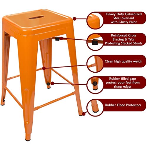 Urbanmod 24 Inches Metal Barstool Set Of 4 – Counter Height Backless Bar Stool For Kitchen Island, Breakfast, Outdoors, Pub, Restaurant, Home, Patio – Stackable Heavy Duty Modern & Industrial (Orange) #TOP1