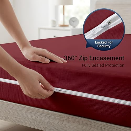 Image of 100% Waterproof Single Size Zipper Mattress Encasement - Ultra Soft & Breathable Six-Sided Bed Cover, Dustproof Noiseless Fitted Design, 72x30 Inch (6x6 Feet), Fits Up to 6 Inch Mattress, Maroon