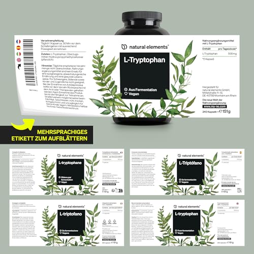 natural elements L-Tryptophan - hochdosiert mit 500mg je Kapsel - 240 vegane Kapseln - 8 Monate Reichweite - Aus pflanzlicher Fermentation - Laborgeprüft, ohne unerwünschte Zusätze, vegan 6