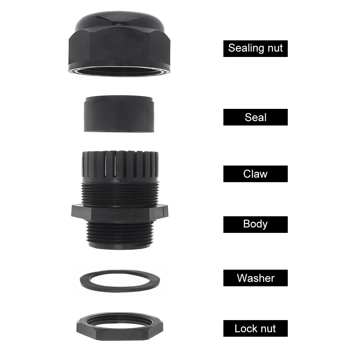 RTNLIT Prensaestopas NPT de 1-1/2 pulgadas, conectores de cable de alivio de tensión de plástico de nailon ajustable impermeable con juntas (paquete de 1)