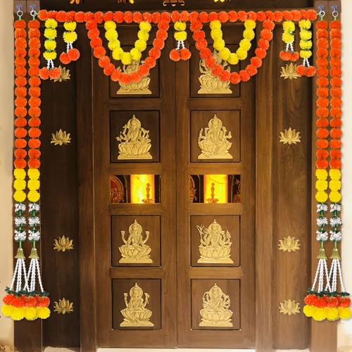 Image of Marigold Garland for Diwali Decoration- 5PCS 5FT Artificial Marigold String Bandarwal Toran Porch Valance Mandir Pooja Decor Mandap Wedding Housewarming Patio Party Backdrop Ornament