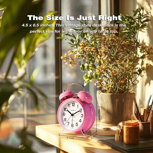 Image of AYRELY Super Loud Alarm Clock for Heavy Sleepers Adults,Twin Bell Retro 4 Inch Silent Non-Ticking Quartz with Backlight, Metal dial, Alarm Clocks for Bedrooms Bedside (Pink)