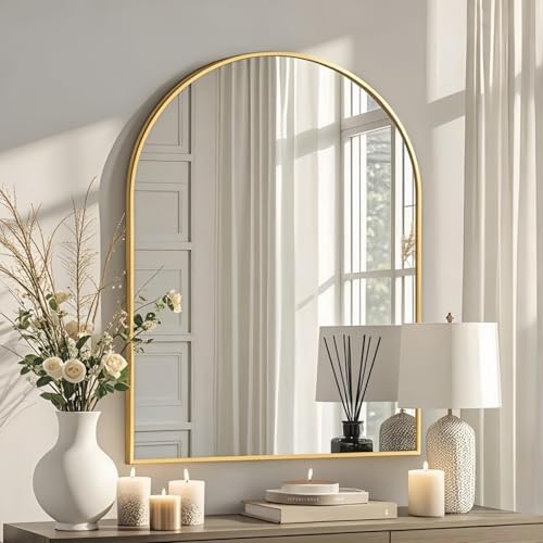 Dewfig Arched Wall-Mounted Mirror, 20"x30" Arch Bathroom Mirror, Gold Vanity