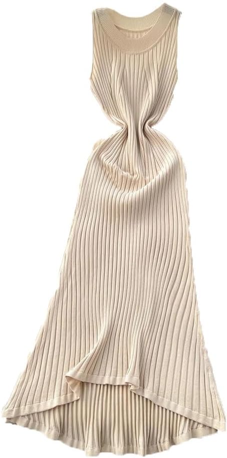 Women Sleeveless Knitted Hanging Neck Slim Dress Irregular Vest Slim Knit Dress