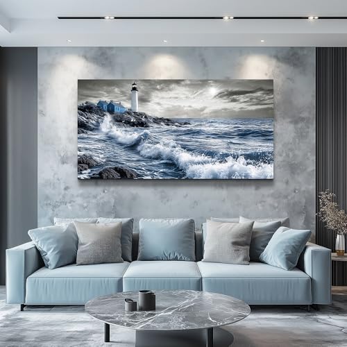 ZUITINGHUA Large Wall Decor For Living Room Canvas Wall Art For Office Modern Wall Decorations For Bedroom Wave Landscape Painting Watch Tower Pictures Artwork Room Home Decor 24x48 In
