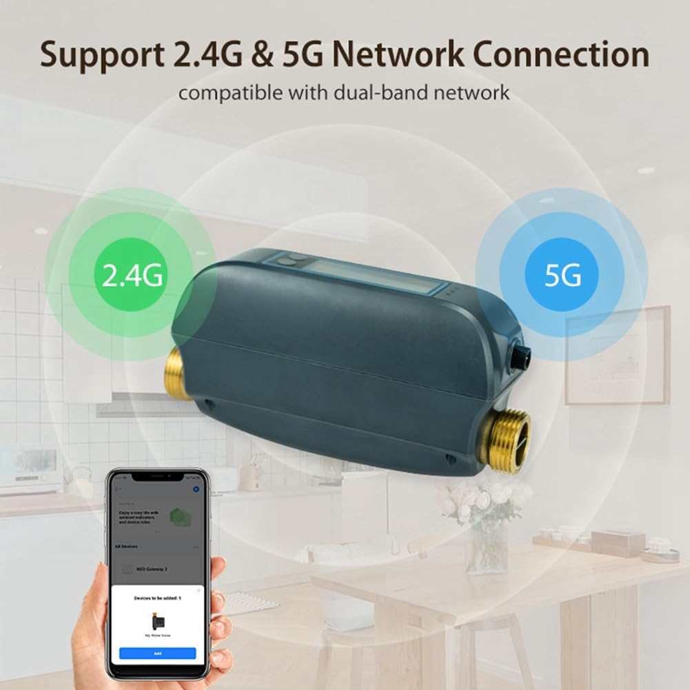 Tuya - Válvula de agua inteligente WiFi, caudal de agua y contador de agua, encendido/apagado, mando a distancia, visualización en tiempo real, enchufe europeo