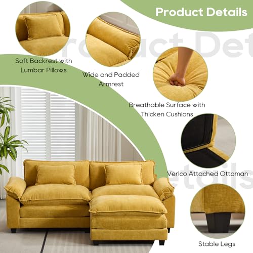 Image of Oprisen 86 inch Modular Sectional Sofa, Comfy Cloud Couch Sectional Sofa with Ottoman, Chenille Sofa Sleeper Deep Seat Sofa with Throw Pillows for Living Room (Yellow, 86 inch- L Shape)