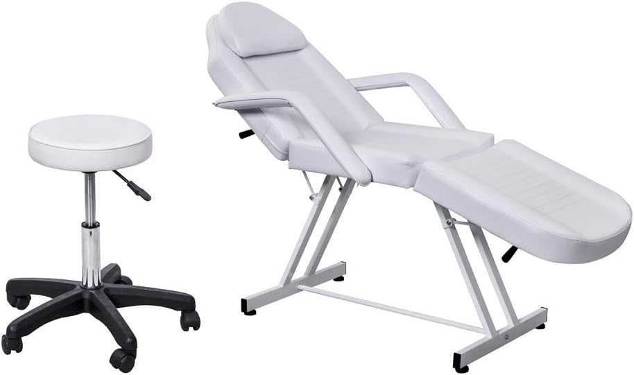 White Facial Spa Beauty Bed Chair Multipurpose Massage Bed Tattoo Chair with Removable Headrest with Free Stool