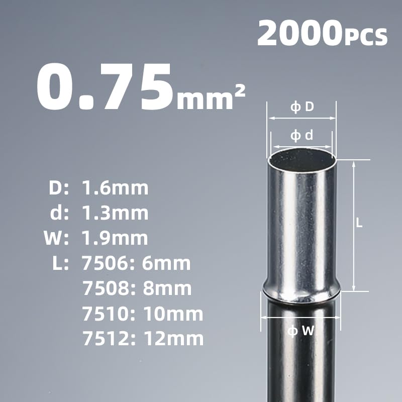 POWTAXBJGD 2000Pcs EN0308 EN0508 EN7508 EN7510 Non Insulated Cord End Terminal Cold Crimping Connector Naked Wire Ferrules Bootlace Ferrule(2000PCS 0.75mm2,Length 6 mm)