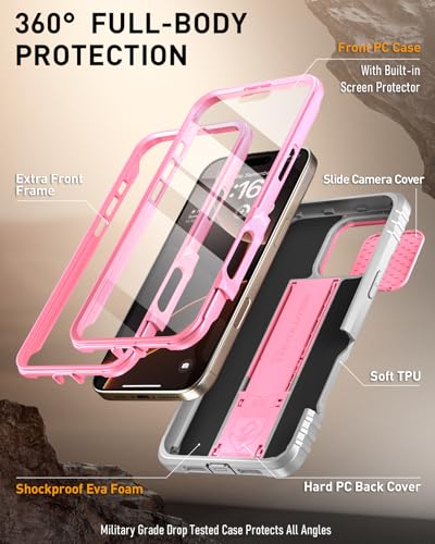 Image of Poetic Revolution Case for iPhone 16 Pro Max 6.9 inch, [Slide Camera Cover], Full-Body Military Grade Rugged Shockproof Cover with Kickstand and Built-in-Screen Protector, Pink
