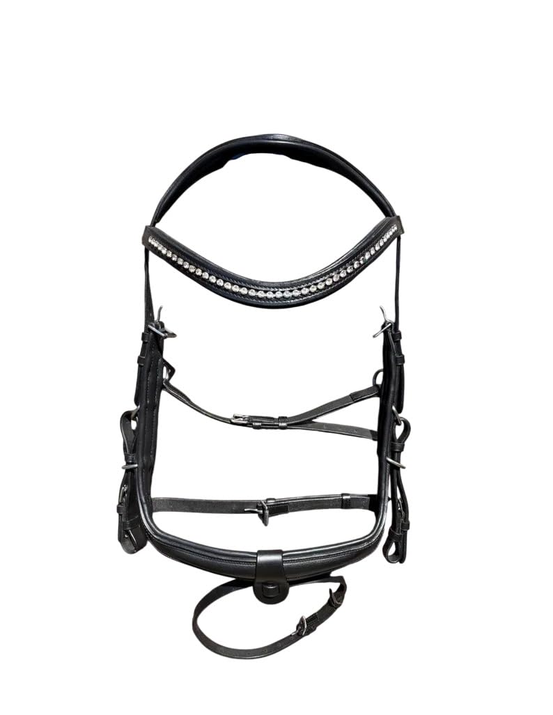 BENZ EQUESTRIAN Horse Bridle Black Leather Anatomical Design Crown Padded Headpiece with Crystal Browband(Cob)