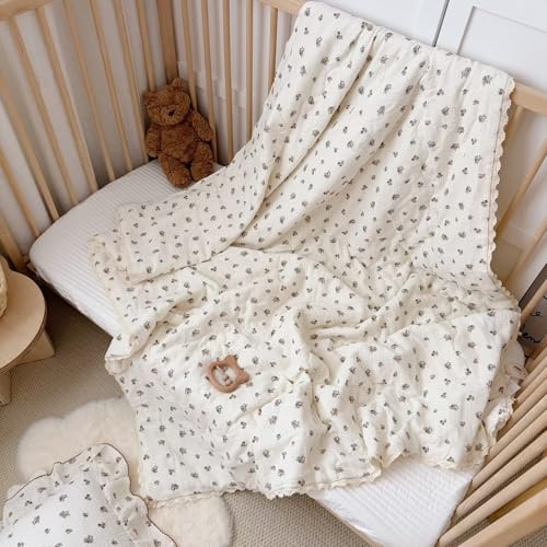 Image of BuLuTu Musiln Cotton Kids Quilt Twin Size Bed Blanket Chic Pansy Floral Print Comforter for Girls Boys Children Bedroom, Soft Breathable Kids Comforter with Lace Edges, 60x78 Inches