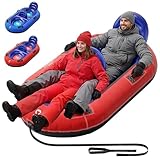 QPAU 2-Person Inflatable Snow Tube with Dual Backrests & Tow Rope, Heavy Duty Canvas-Covered Blow Up Snow Sled with Handles, Fast Inflation Air Valves, Premium Snow Tubes for Kids & Adults (Red)